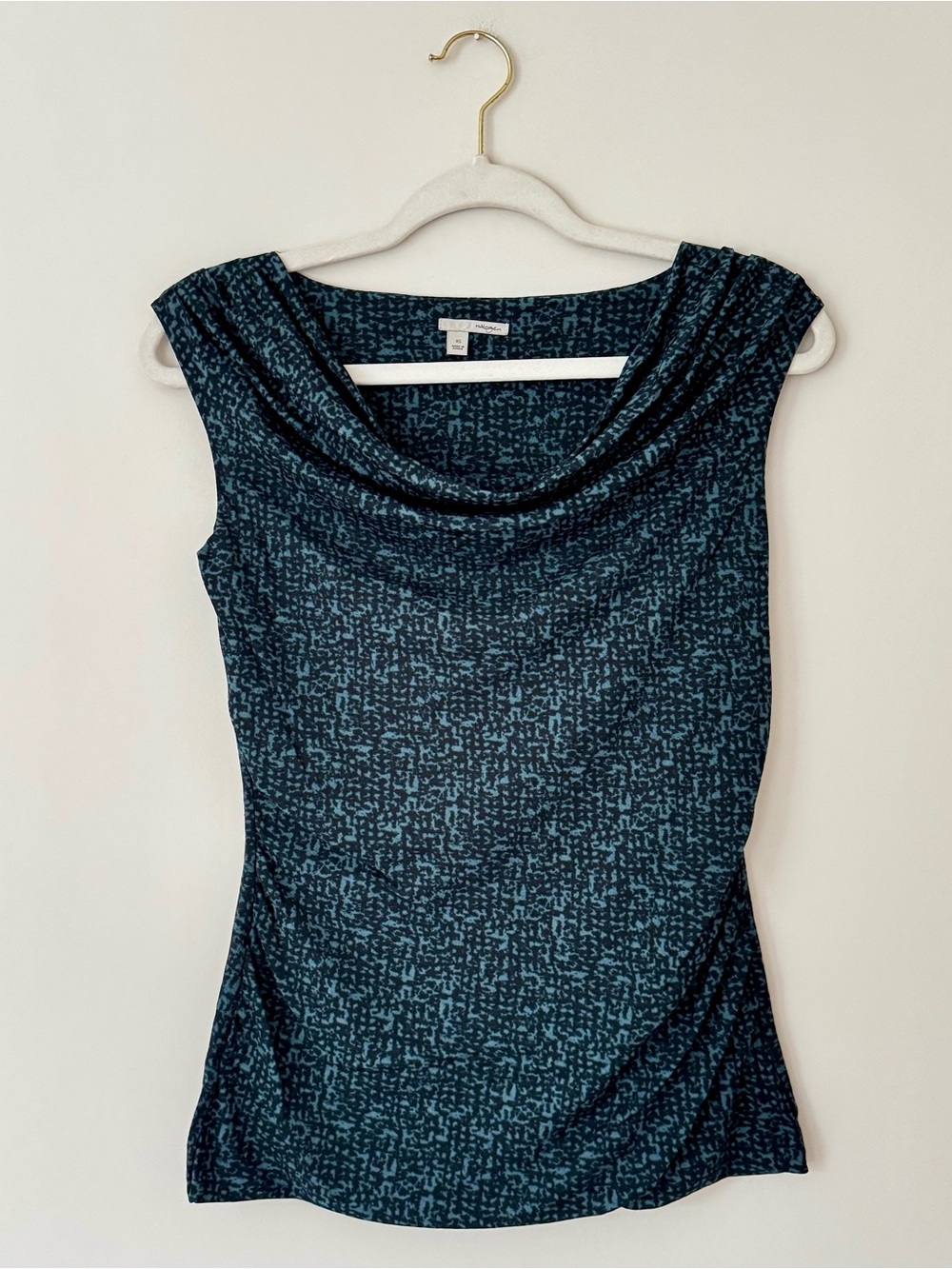 Halogen Knit Cowl Neck Sleeveless Top, Teal Blue & Black Abstract Print – XS